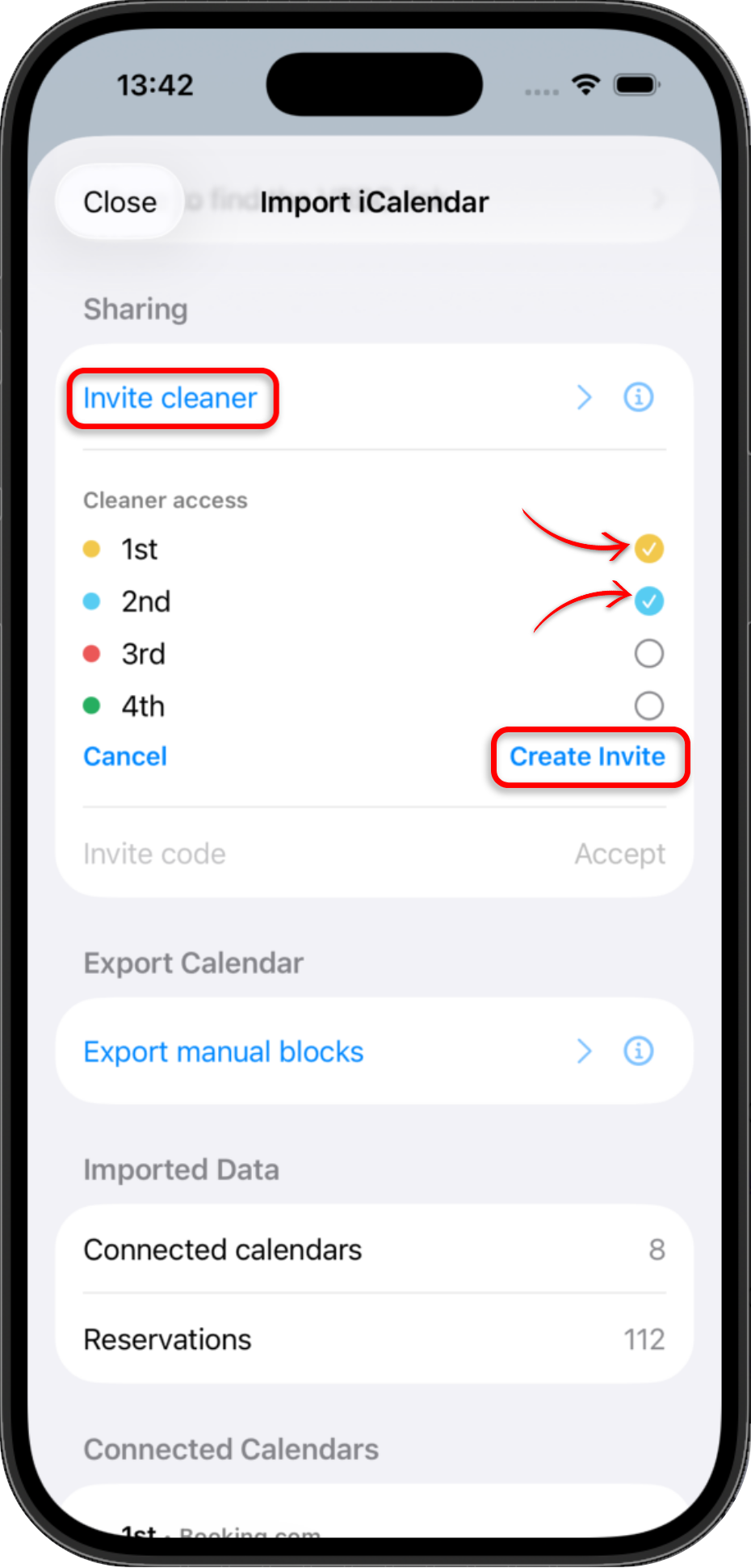 Invite cleaner screen with selected property access